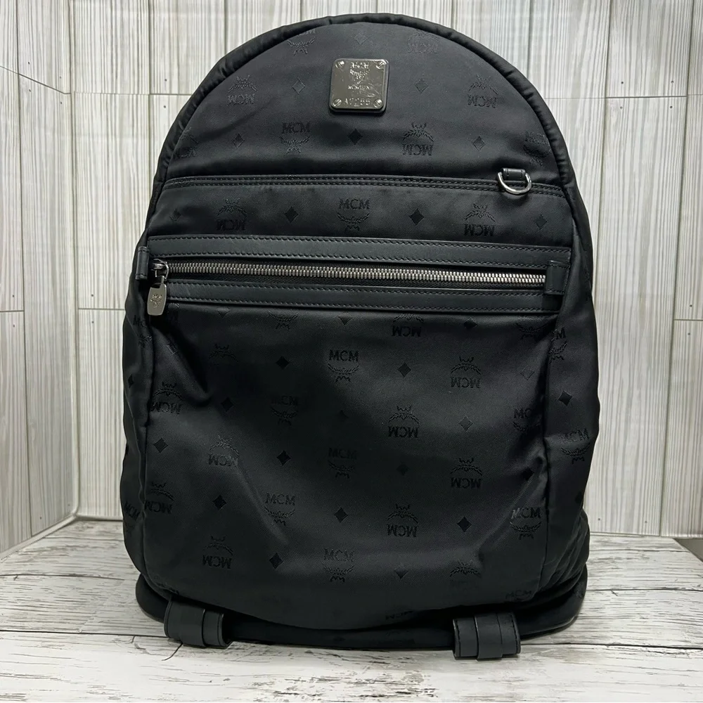 MCM Stark Backpack Black Nylon Logo Print Medium Unisex Designer Travel Bag